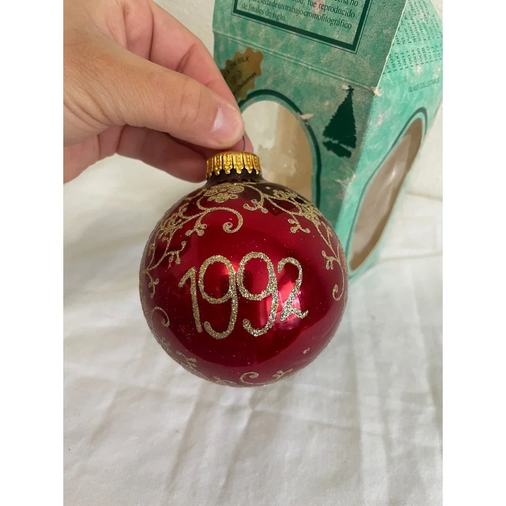 VTG Christmas by Krebs Ornament 1992 Santa on Silk Red Gold Glass Ball USA